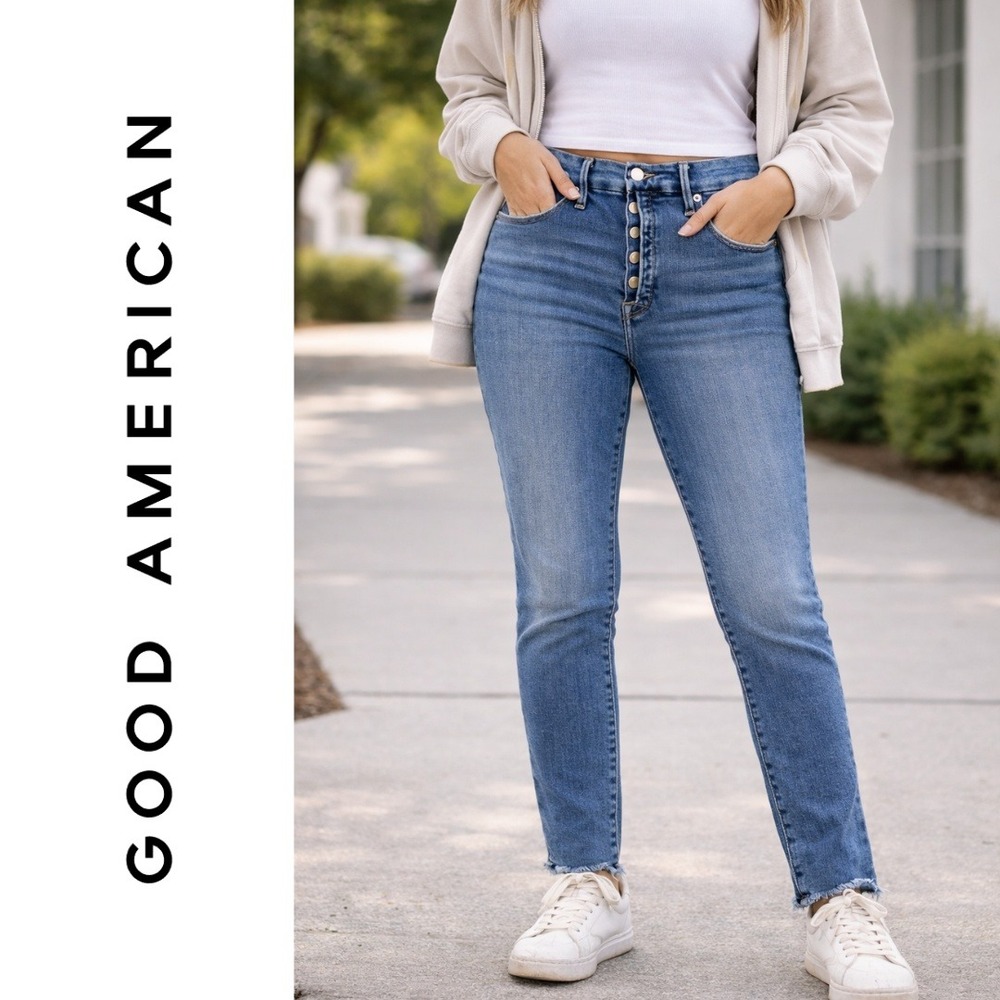 Good American, Semi-Exposed Button Fly Jeans Size 14 Indigo564 GLCPEB960T